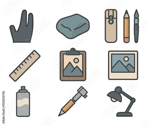 Drawing Tools Icons. Flat icon set of drawing tools and accessories: sketching glove, kneaded eraser, pencil