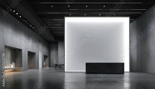 Empty art gallery space with a glowing white wall and black reception desk