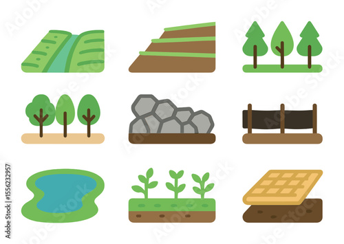 Erosion Control Icons. Flat icon set of erosion control methods: grassed waterway, terraced slope, windbreak