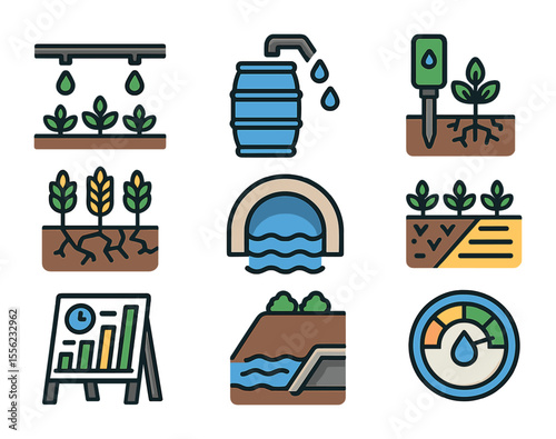 Agriculture Water Conservation Icons. Flat icon set of water conservation in agriculture: drip irrigation,