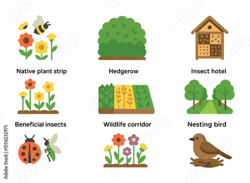 Biodiversity Icons Collection. Flat icon set of biodiversity in agricultural landscapes: pollinator habitat,