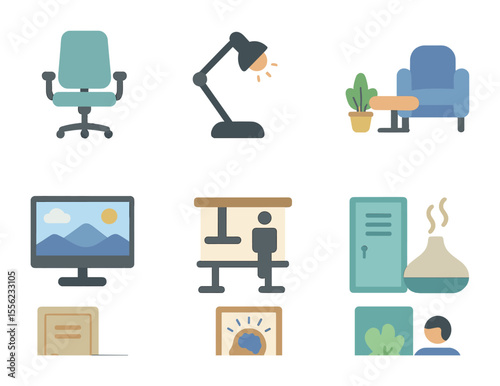 Mindful Workplace Icons. Flat icon set of mindful workplace design: ergonomic chair, adjustable lighting,