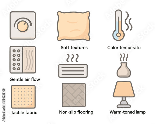 Sensory-Friendly Design Icons. Flat icon set of sensory-friendly design features: dimmable light switch, soft