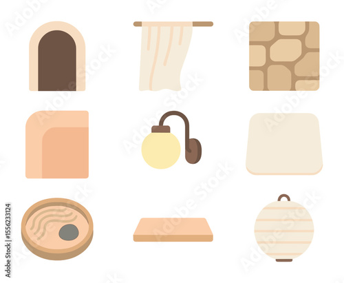 Calming Architectural Icons. Flat icon set of calming architectural elements: arched doorway, flowing curtain,