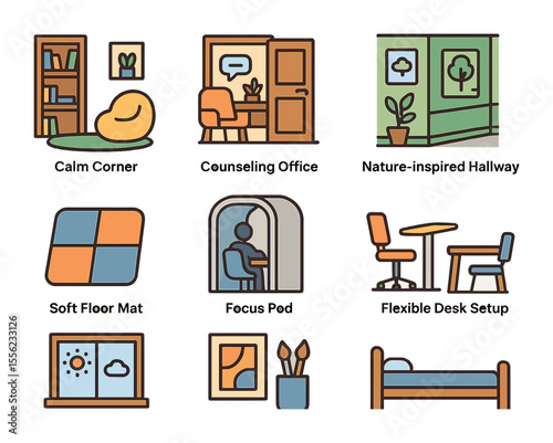 Student Wellness Icons. Flat icon set of student wellness in schools: calm corner, counseling office,