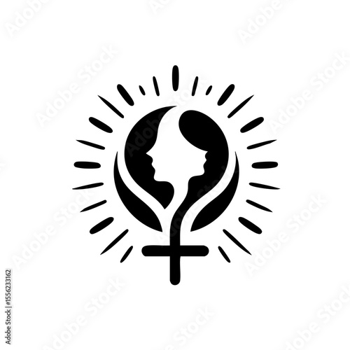 Stylized line drawing of a female unity icon in black and white used for a logo representing sisterhood and empowerment