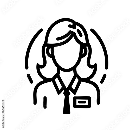 Woman with a neutral mood wearing a name tag representing an employee