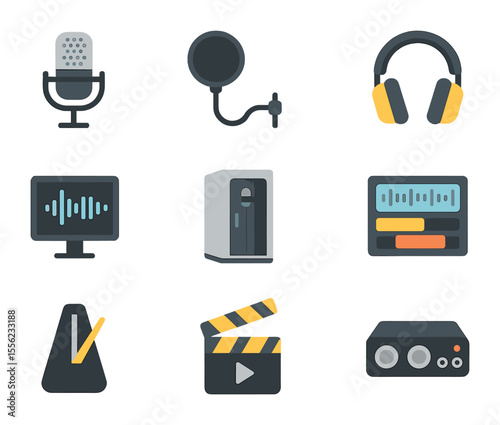 Vocal Recording Icons. Flat icon set of recording and practicing vocals: studio mic, pop filter, headphones,