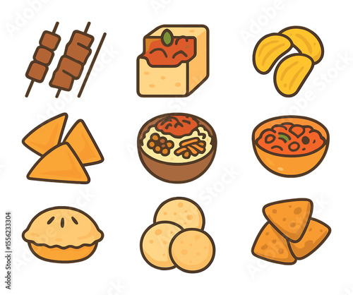 African Snack Icons. Flat icon set of African street snacks: suya, bunny chow, plantain chips, fataya, mandazi