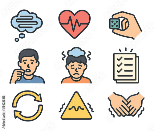 Anxiety Icon Set. Flat icon set of anxiety and worry: racing thoughts cloud, heart rate spike, fidget object,