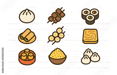 Asian Street Snacks Icons. Flat icon set of Asian street snacks: baozi, yakitori, kimbap, spring rolls, fish