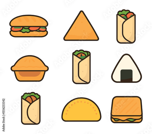 International Food Icons. Flat icon set of handheld international foods: banh mi, samosa, burrito, meat pie,