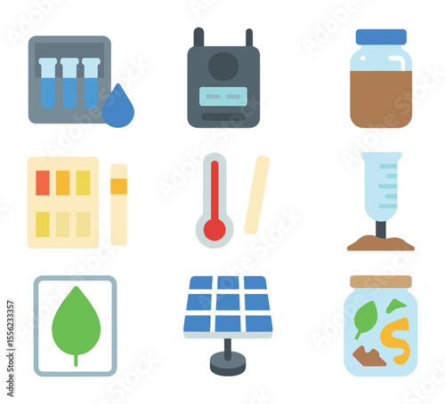 Environmental Science Icons. Flat icon set of environmental science experiments: water testing kit, air