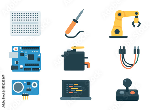 Robotics Lab Icons. Flat icon set of robotics lab equipment: breadboard, soldering iron, robotic arm, Arduino