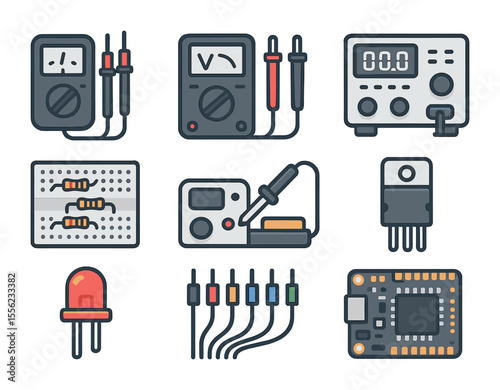Electronics Experiment Icons. Flat icon set of electronics experiment setup: circuit tester, multimeter, power