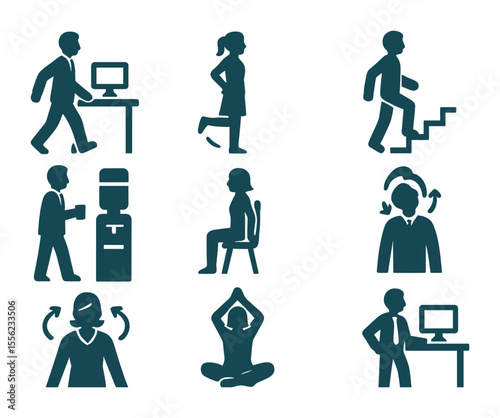Office Movement Icons. Flat icon set of movement at the office: walk around desk, heel raise, stair climb,