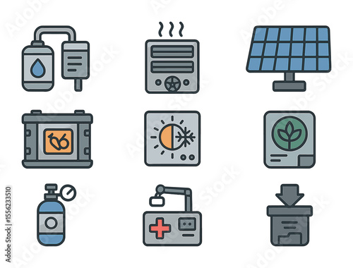 Space Life Support Icons. Flat icon set of life support systems in space: water recycler, air filter unit,