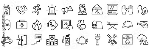 Emergency and Safety Stroke Icon Collection. Featuring First Aid, Rescue, Fire, Medical, Shelter, and More. Editable Stroke Icons in Clean Outline Style.