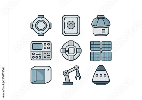 Space Station Icons. Flat icon set of space station components: docking port, airlock door, observation module