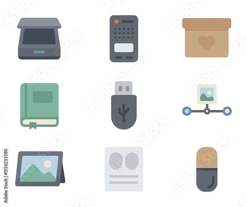 Memory Tools Icons. Flat icon set of memory preservation tools: photo scanner, voice recorder, keepsake box,