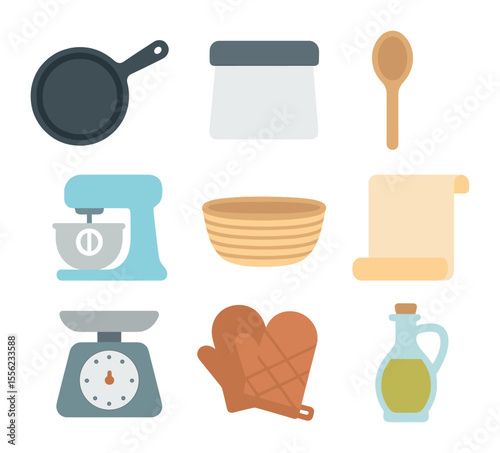 Flatbread Tools Icons. Flat icon set of flatbread preparation tools: cast iron skillet, dough scraper, wooden