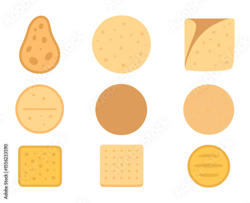 Flatbread Icon Grid. Flat icon set of flatbread varieties: naan bread, tortilla, lavash, pita, chapati, roti,