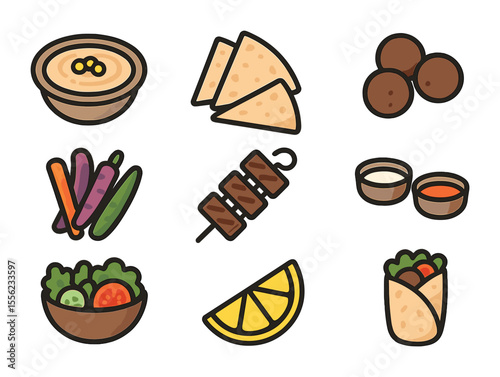 Middle Eastern Feast Icons. Flat icon set of serving pita bread: hummus bowl, pita wedges, falafel, pickled