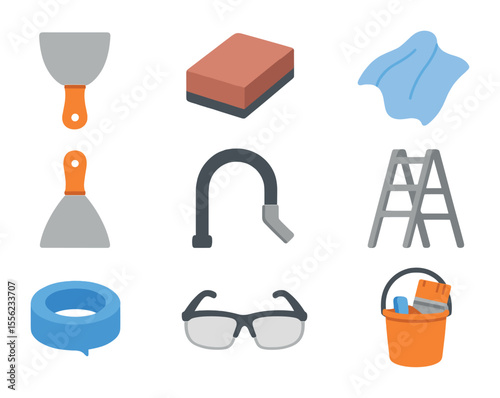 Surface Prep Tools. Flat icon set of surface preparation: scraper tool, sanding block, cleaning rag, patch