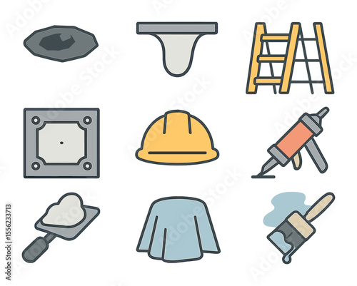 Ceiling Repair Icons. Flat icon set of ceiling patch and repair: ceiling hole, plaster droop, repair ladder,