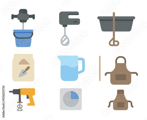 Plaster Mixing Tools Icons. Flat icon set of plaster mixing and tools: bucket mixer, hand mixer, mixing tub,
