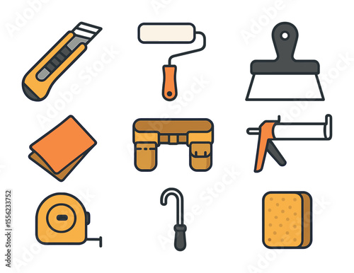 Renovation Tools Icons. Flat icon set of renovation and patching toolbox: utility knife, mini roller, taping