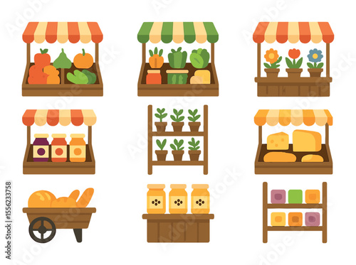 Farmer's Market Icons. Flat icon set of farmer’s market stalls: fruit stand, veggie booth, flower vendor, jam