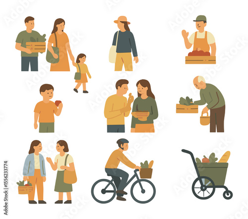 Farmer's Market Icons. Flat icon set of farmer’s market visitors: family shopping, person with tote bag,