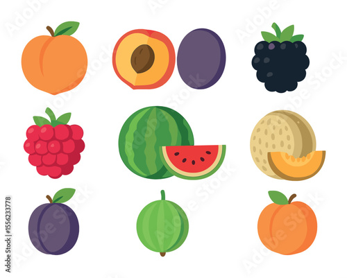 Seasonal Fruit Icons. Flat icon set of seasonal fruits and berries: peaches, nectarines, blackberries,
