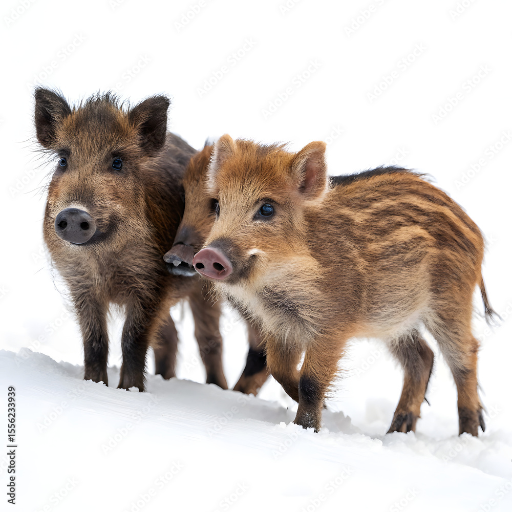 Three adorable wild boar piglets huddle together in the snow, a heartwarming winter scene isolated on transparent background Three adorable wild boar piglets huddle together in the snow, a heartwarming winter scene isolated on transparent background