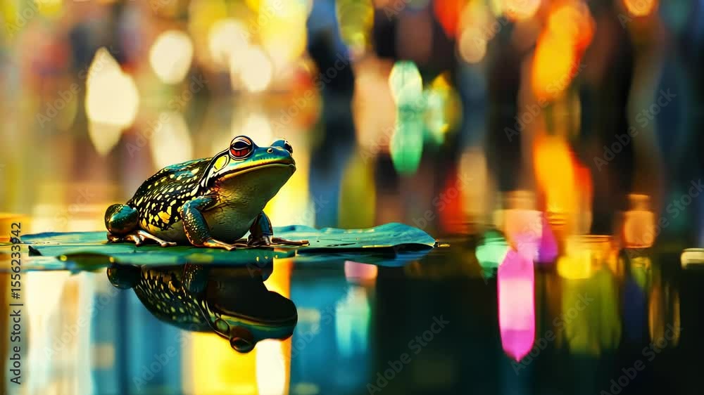 Vibrant frog resting on lily pad, reflected in water