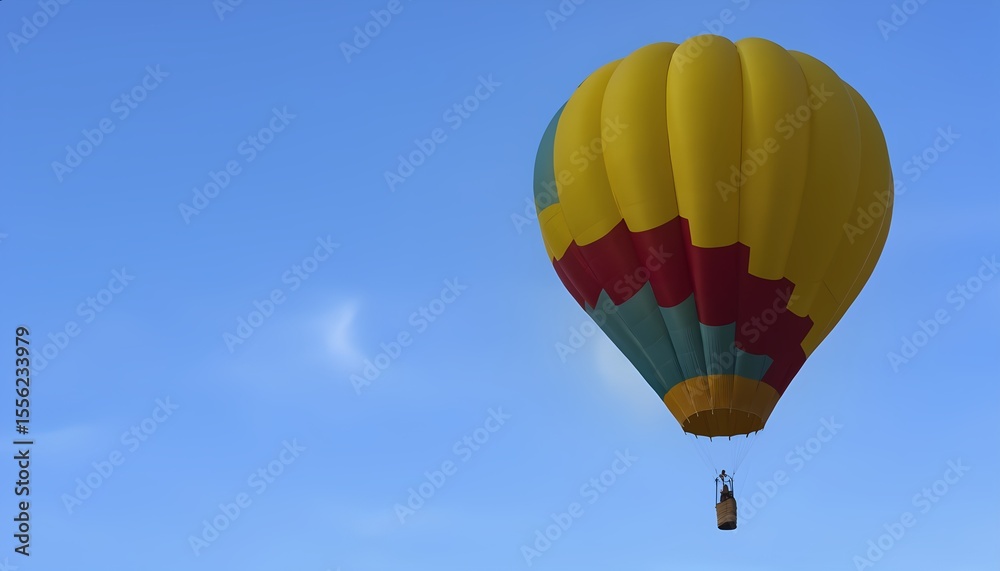 Fototapeta premium Colorful hot air balloon floats calmly across bright blue summer sky