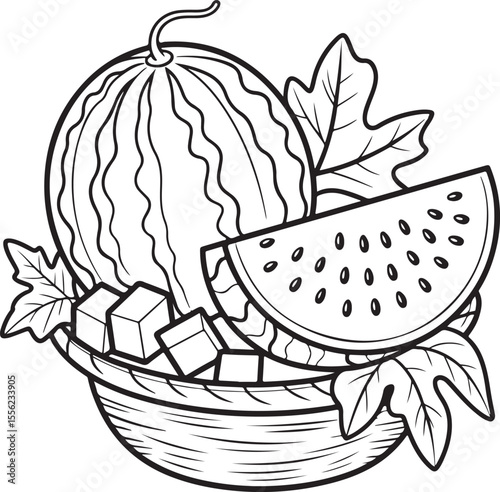 Whole watermelon with sliced wedge and cubes in a bowl, hand-drawn black and white fruit illustration with leaves for summer decor