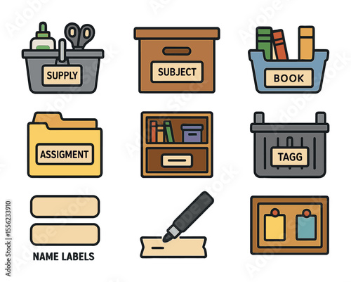 Classroom Storage Icons. Flat icon set of classroom storage and labels: supply bin with name tag, drawer with