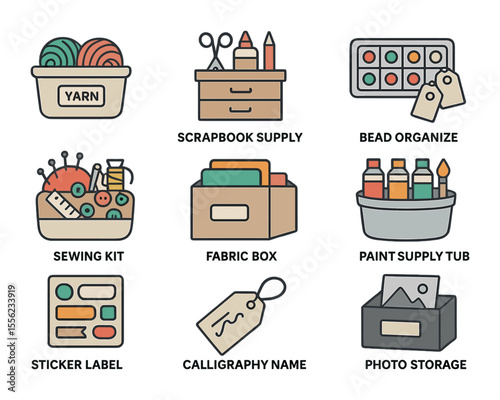 Craft Storage Icons. Flat icon set of craft and hobby storage: labeled yarn bin, scrapbook supply drawer, bead