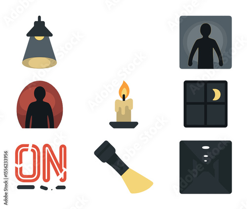 Horror Film Lighting Icons. Flat icon set of horror film lighting effects: low spotlight, lightning flash,