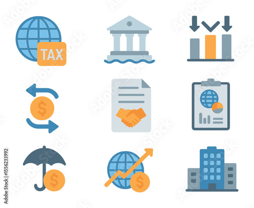 International Tax Icon Set. Flat icon set of international corporate taxation: globe with tax symbol, offshore