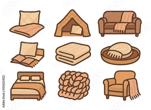 Cozy Blanket Icon Set. Flat icon set of cozy blanket arrangements: blanket and pillow combo, blanket fort,