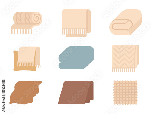 Cozy Home Decor Icons. Flat icon set of soft home decor: knitted blanket, fringed throw, fleece throw, cushion
