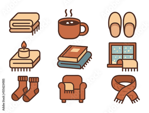 Winter Comfort Icons. Flat icon set of winter comfort items: folded throw, hot cocoa mug, slippers, candle