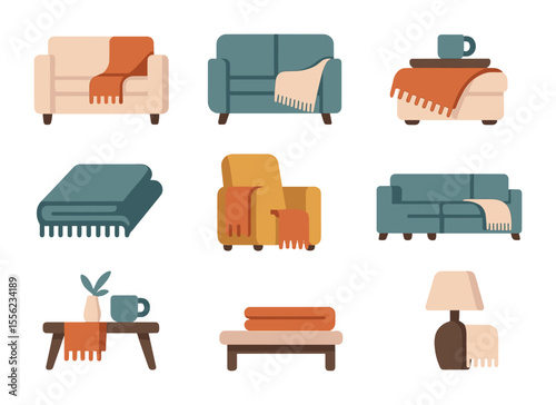 Living Room Blanket Icons. Flat icon set of living room blanket accents: throw on armrest, couch corner fold,