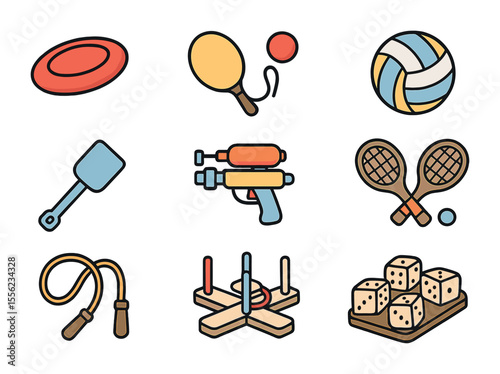 Family Beach Games Icons. Flat icon set of family beach games: frisbee, paddle ball, beach volleyball, sand