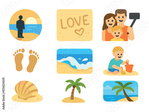 Beach Photography Icons. Flat icon set of beach photography moments: sunset silhouette, sand writing, family