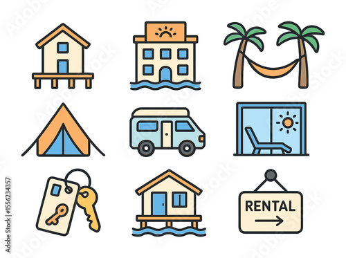 Beachside Accommodations Icons. Flat icon set of beachside accommodations: beach house, coastal hotel, hammock