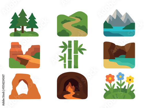 Nature Icon Collection. Flat icon set of off-the-beaten-path nature spots: forest glade, mossy trail, alpine